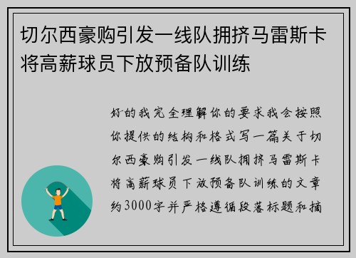 切尔西豪购引发一线队拥挤马雷斯卡将高薪球员下放预备队训练