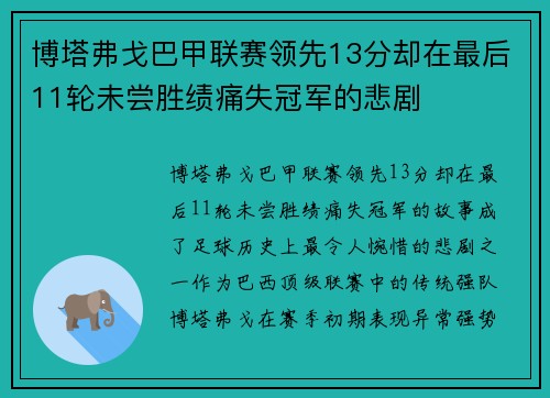 博塔弗戈巴甲联赛领先13分却在最后11轮未尝胜绩痛失冠军的悲剧